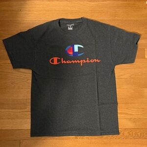 Champion Dark Gray Short Sleeve Tee with Red Script and Multicolor Emblem